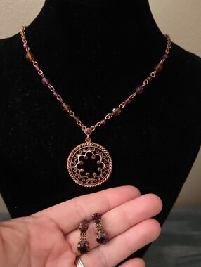 Copper-Tone Purple Bead Pendant Necklace and Earrings Set